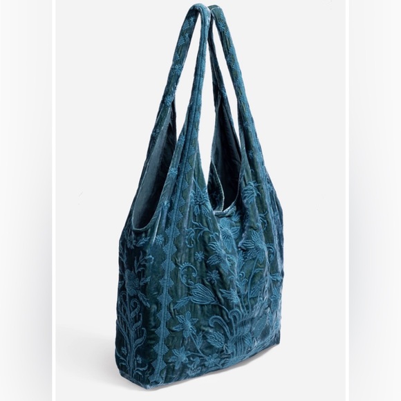 NWT Talithia Velvet Slouchy Tote Blue Embroidered Women's Bag - Picture 3 of 9